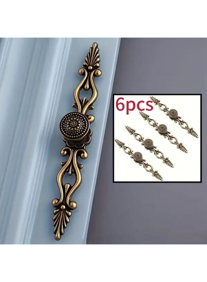 6 Packs Vintage Bronze Cabinet Pulls Large Antique Door Handles Floral Design Zinc Alloy Solid Brass Construction Includes Hardware - Image 1